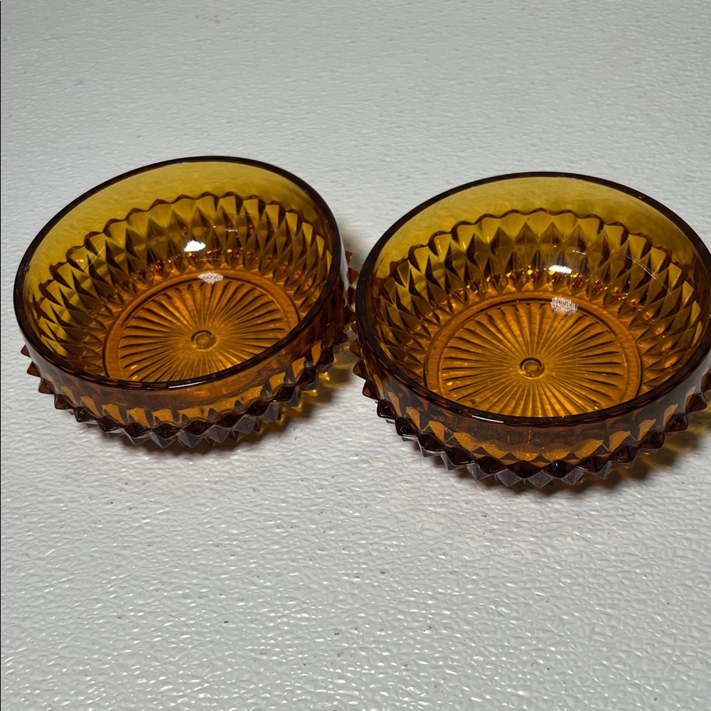 Vintage Amber Glass Bowls Set of 2 Cut Glass Diamond Pattern